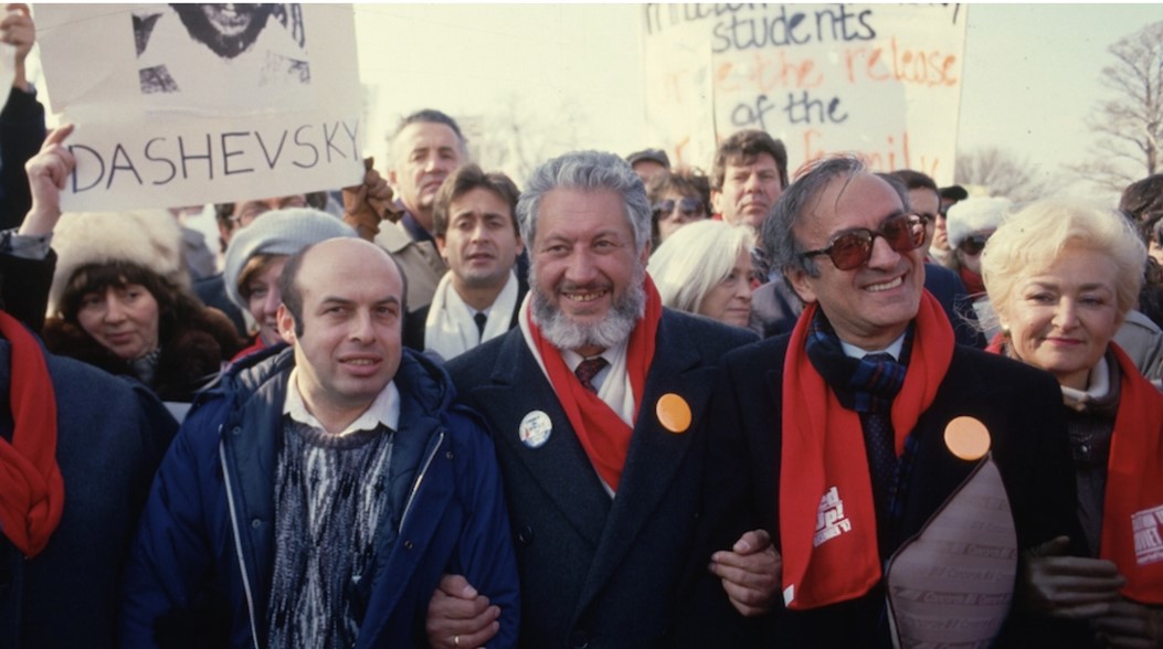 Fig. 9 Former refuseniks Natan Sharansky, left, and Vladimir Slepak, along with Elie Wiesel and American Jewish leader Shoshana Cardin, right, at a march on Washington, D.C., in support of Soviet Jewry, Dec. 6, 1987. (Peter Turnley/Corbis/VCG via Getty Images) Photo from.^^ Fig. 9 Former refuseniks Natan Sharansky, left, and Vladimir Slepak, along with Elie Wiesel and American Jewish leader Shoshana Cardin, right, at a march on Washington, D.C., in support of Soviet Jewry, Dec. 6, 1987. (Peter Turnley/Corbis/VCG via Getty Images) Photo from.^^